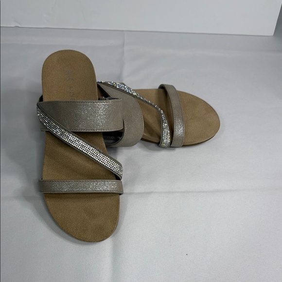 Anne Klein Silver Tan Slip-On Sandals with Metallic Straps - Picture 1 of 7